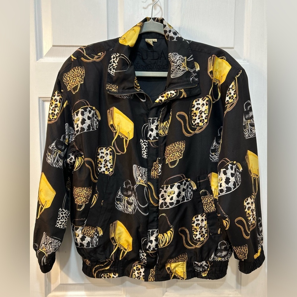 Vtg Fuda International 100% Silk Bomber Jacket Sz S Animal Purse Print 80s Track
